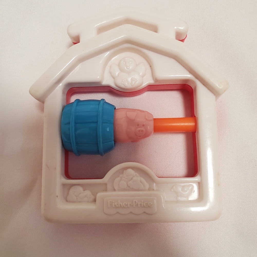 Vintage 1996 Fisher-Price Farm Barn Rattle Pig in Barrel Baby Toy Red White